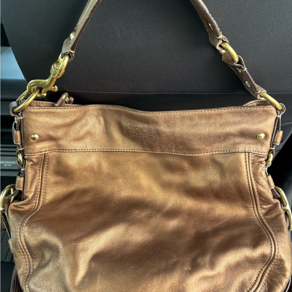 Coach Bronze Metallic Leather Shoulder Bag with Brass Hardware